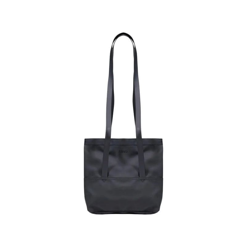Black nylon tote bag with long handles and minimalist design shown from the back by rains women crossbody bag polyester