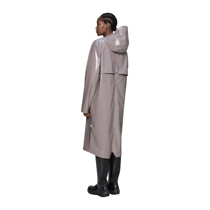 Rains women lilac glossy hooded polyester blazer with a sleek matte gray rains raincoat and minimalist design
