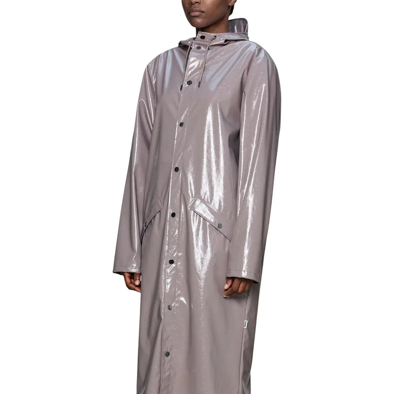 A sleek matte gray rains women lilac glossy hooded polyester blazer with black buttons down the front