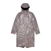 A sleek metallic gray rains women lilac glossy hooded polyester blazer with a black-lined hood and glossy finish