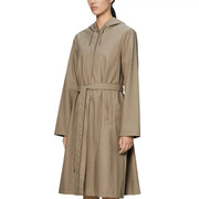 Rains women long beige polyester hooded trench coat with belted waist and long sleeves front view
