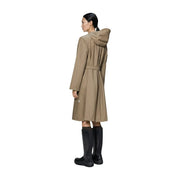 Rains women long beige polyester hooded blazer jacket with belted waist and long sleeves front view
