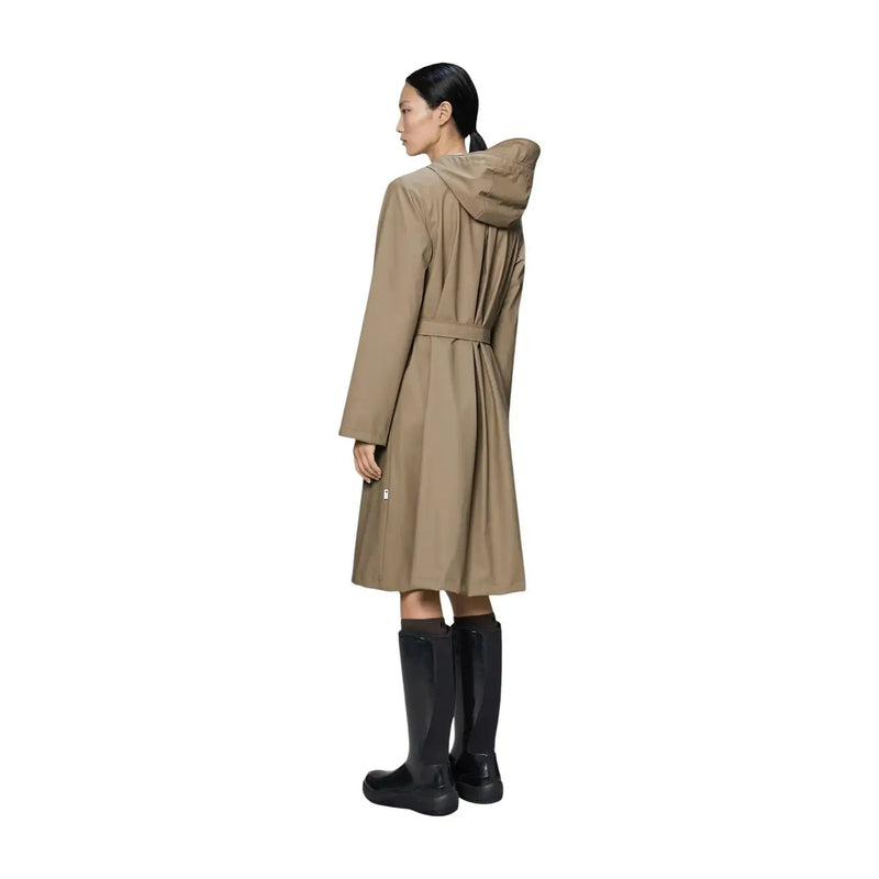 Rains women long beige polyester hooded blazer jacket with belted waist and long sleeves front view