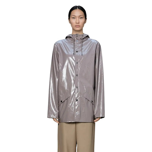 A sleek metallic gray rains women polyester hooded blazer jacket with glossy finish and black button closures
