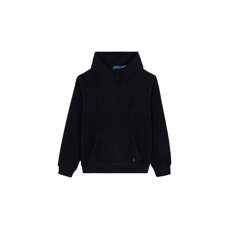 Schwarzes Ralph Lauren Herren-Sweatshirt aus Baumwollmischgewebe mit kleinem roten Polo-Spieler-Logo und blauem Markenetikett am Kragen