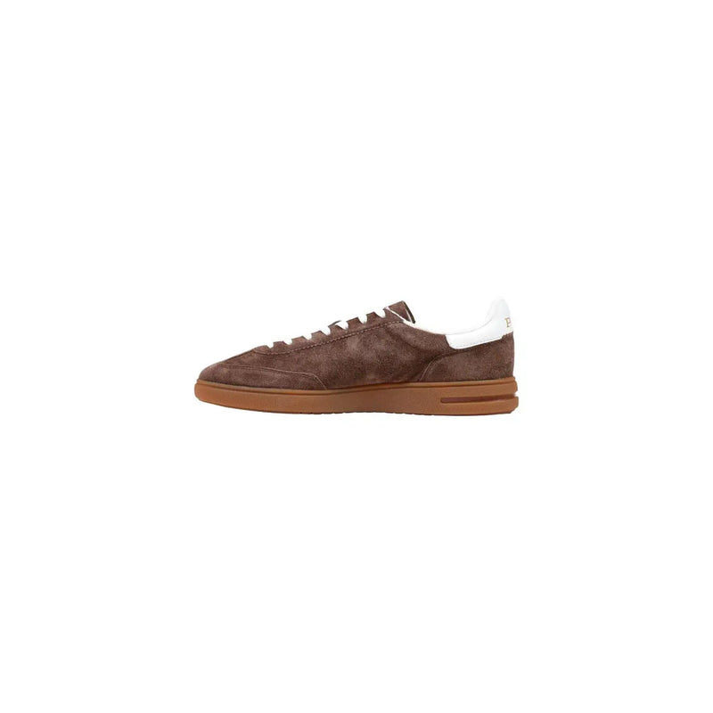 Ralph Lauren Herren braune Wildleder-Sneakertop Sneaker mit weißer Fersenlasche und hellbrauner Gummisohle, von der Rückseite gesehen