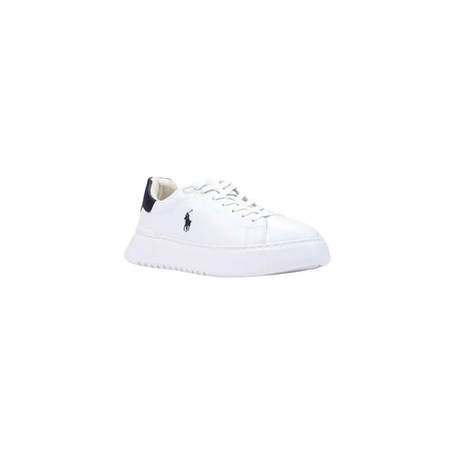 Ralph Lauren homme cuir blanc bas top baskets avec des accents bleu marine et une semelle épaisse
