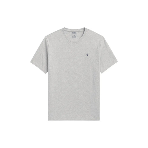 Pull de nuit Ralph Lauren pour homme en coton gris chiné à col rond top avec le logo du joueur de polo brodé en bleu marine sur la poitrine gauche