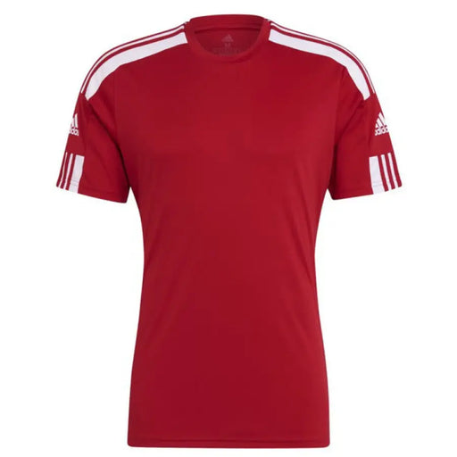 Red Adidas training shirt displayed on a black Adidas T shirt with white stripes