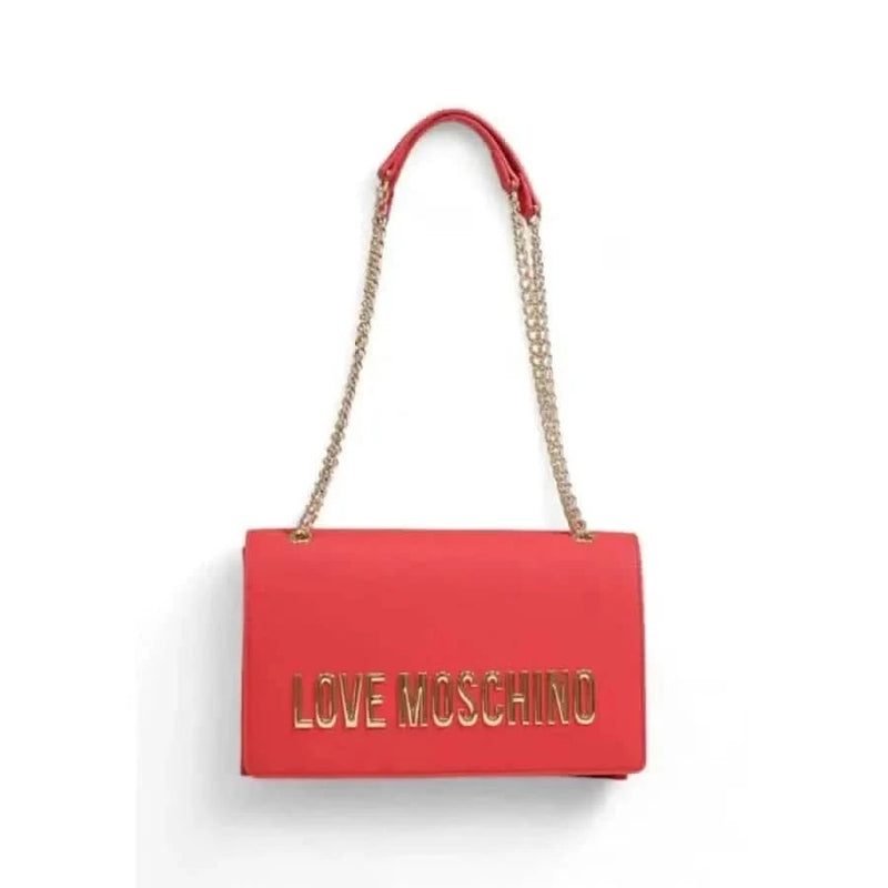 Red handbag with gold Love Moschino lettering and stylish chain strap