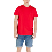 Red Lacoste T-shirt with blue denim shorts displayed in Lacoste Men Black Short Round Neck T Shirt