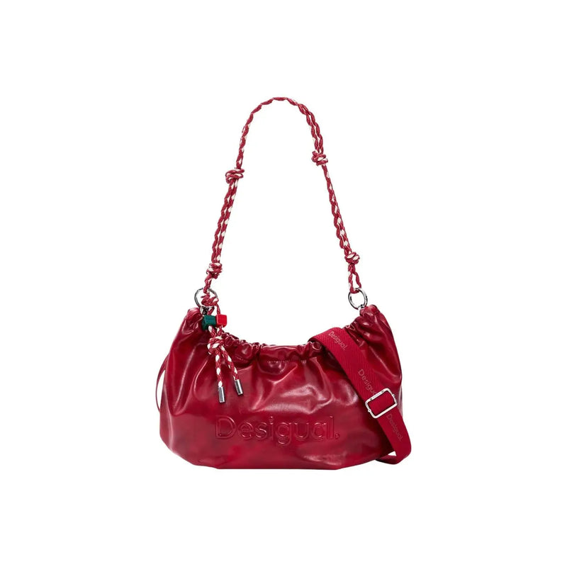 Glossy red polyester desigual shoulder bag with braided rope handle and adjustable strap for versatile use