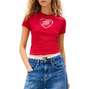 Red short-sleeved crop top with white heart graphic from Tommy Hilfiger women T-shirt collection