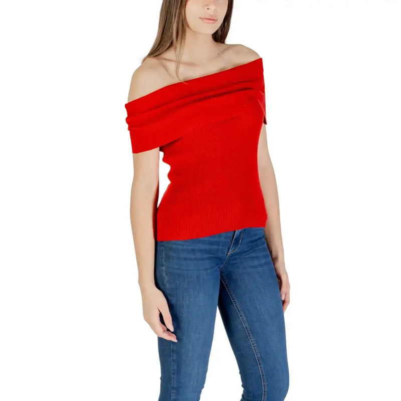 Red sleeveless boat neck cotton blend knit top for women featuring a vibrant red ribbed knit off-the-shoulder design