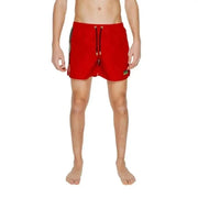 Ea7 Men Swimwear - Red swim shorts with drawstring waist and side stripe detail