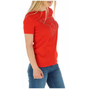 Red T shirt with rhinestone logo design for a stylish and eye-catching look