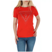 Red T shirt with rhinestone logo for stylish casual wear