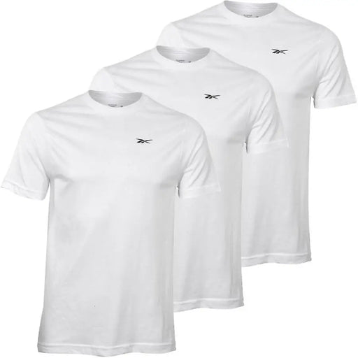 Pack of three white Reebok Men All Season short sleeve round neck undershirts with black logo