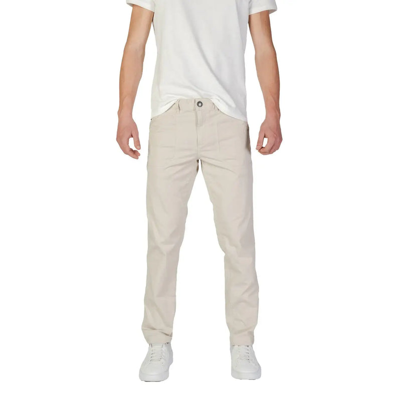 Beige cotton chino pants with a clean straight-leg cut and subtle stitching details for fall and winter