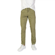 Khaki slim-fit chino pants with classic button and zipper closure made of cotton stretch from Refrigiwear Men Green Cotton Stretch Trousers