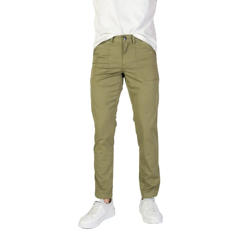 Khaki slim-fit chino pants with classic button and zipper closure made of cotton stretch from Refrigiwear Men Green Cotton Stretch Trousers