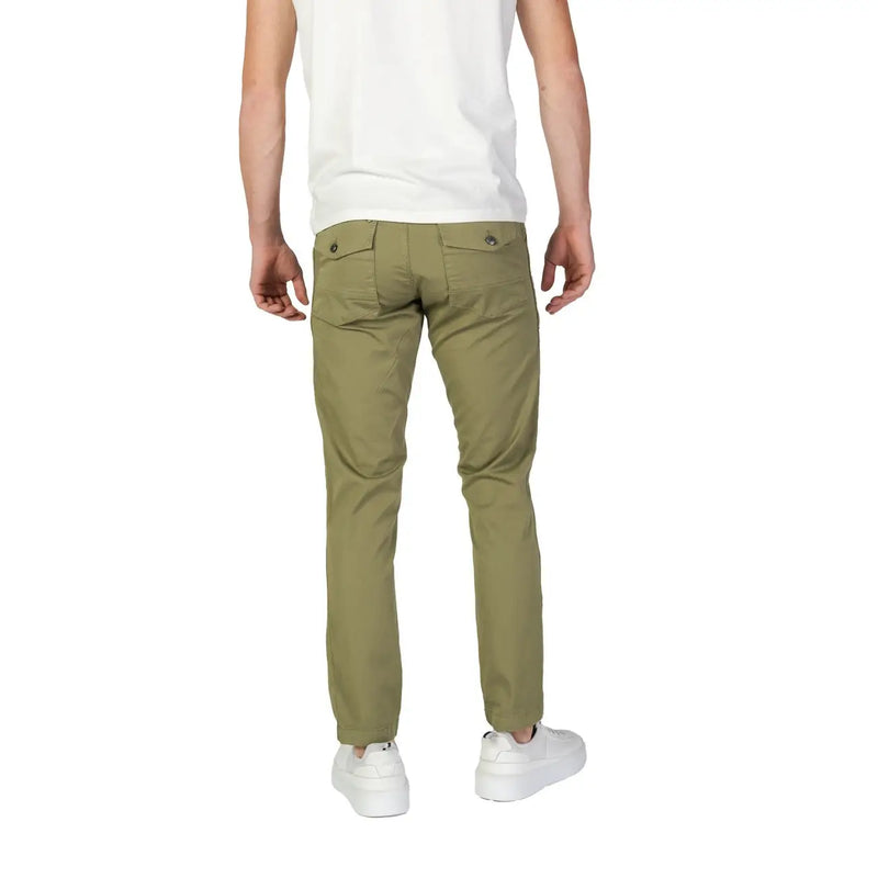 Olive green cotton stretch chino pants for men with two buttoned back pockets by refrigiwear shown from the back side