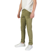 Olive green slim-fit cotton stretch chino pants for men by refrigiwear shown from the front side