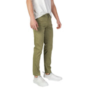 Olive green slim-fit chino pants made of cotton stretch fabric by refrigiwear for men shown from the back side