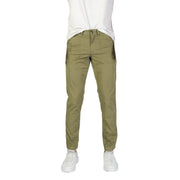 Refrigiwear men green cotton stretch trousers in khaki with slim fit, subtle sheen, and two front pockets