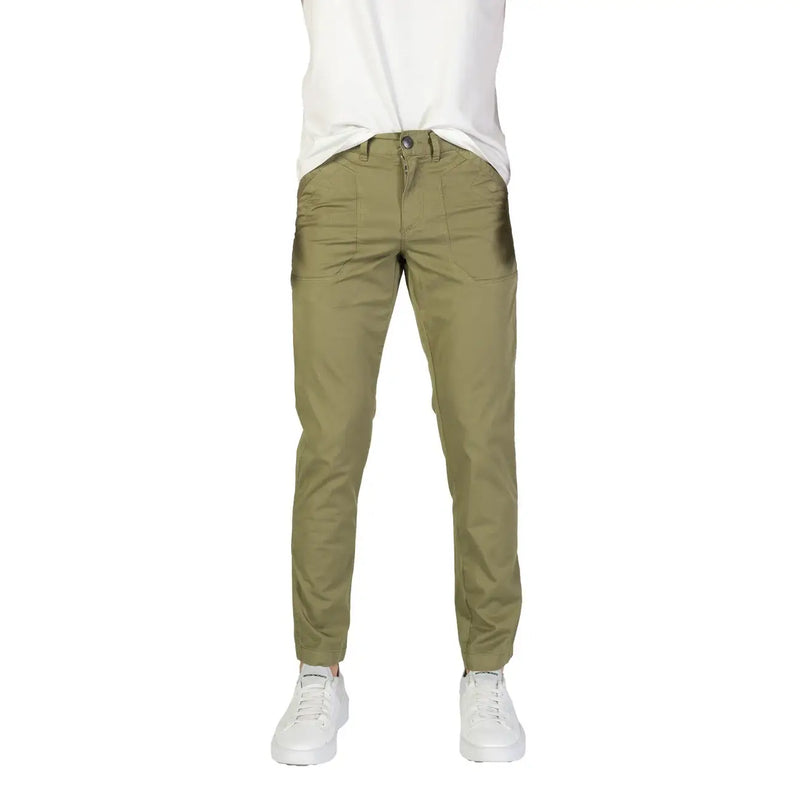 Refrigiwear men green cotton stretch trousers in khaki with slim fit, subtle sheen, and two front pockets