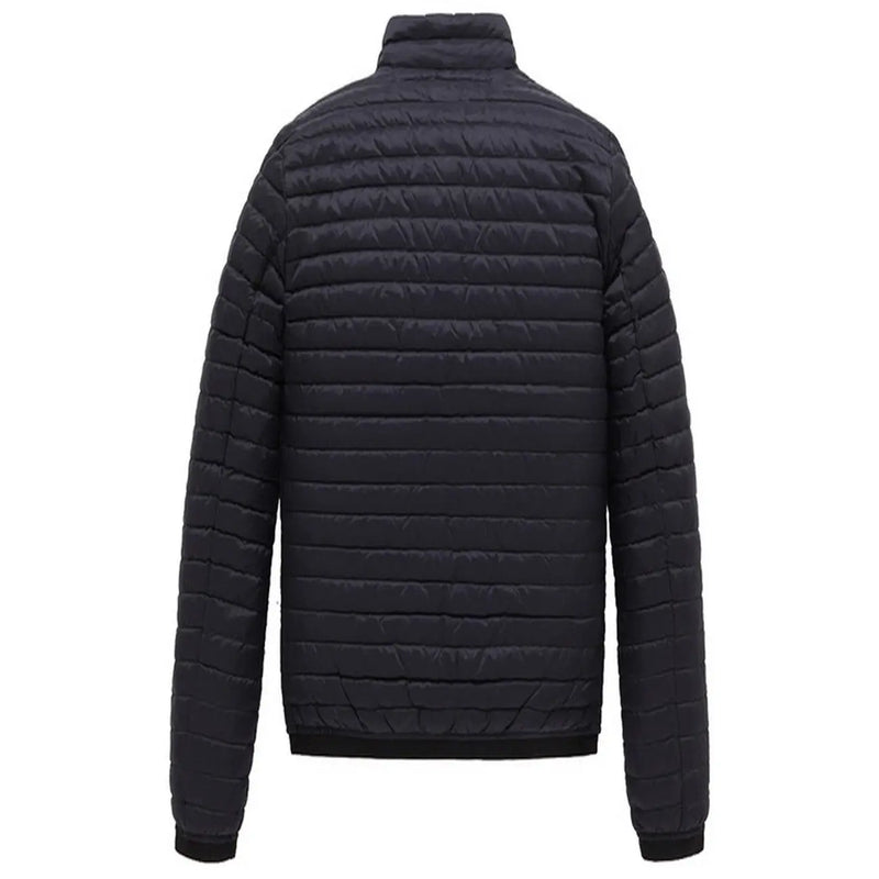 Black quilted puffer jacket with high collar and horizontal stitching in refrigiwear men jacket blue full zip turtleneck b44584