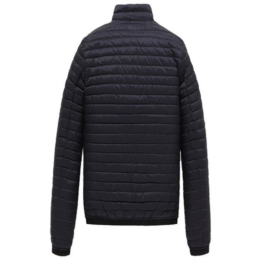 Black quilted puffer jacket with high collar and horizontal stitching in refrigiwear men jacket blue full zip turtleneck b44584