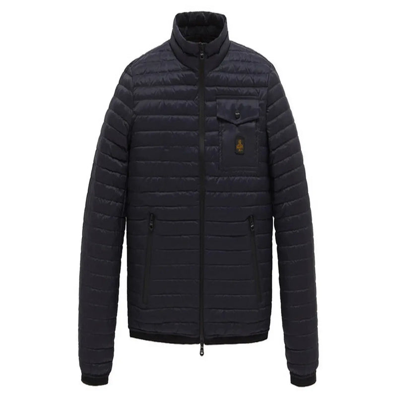 Black quilted puffer jacket with high collar front zipper and side pockets from Refrigiwear Men Jacket Blue B44584