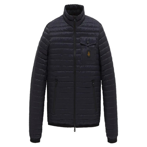 Black quilted puffer jacket with high collar front zipper and side pockets from Refrigiwear Men Jacket Blue B44584