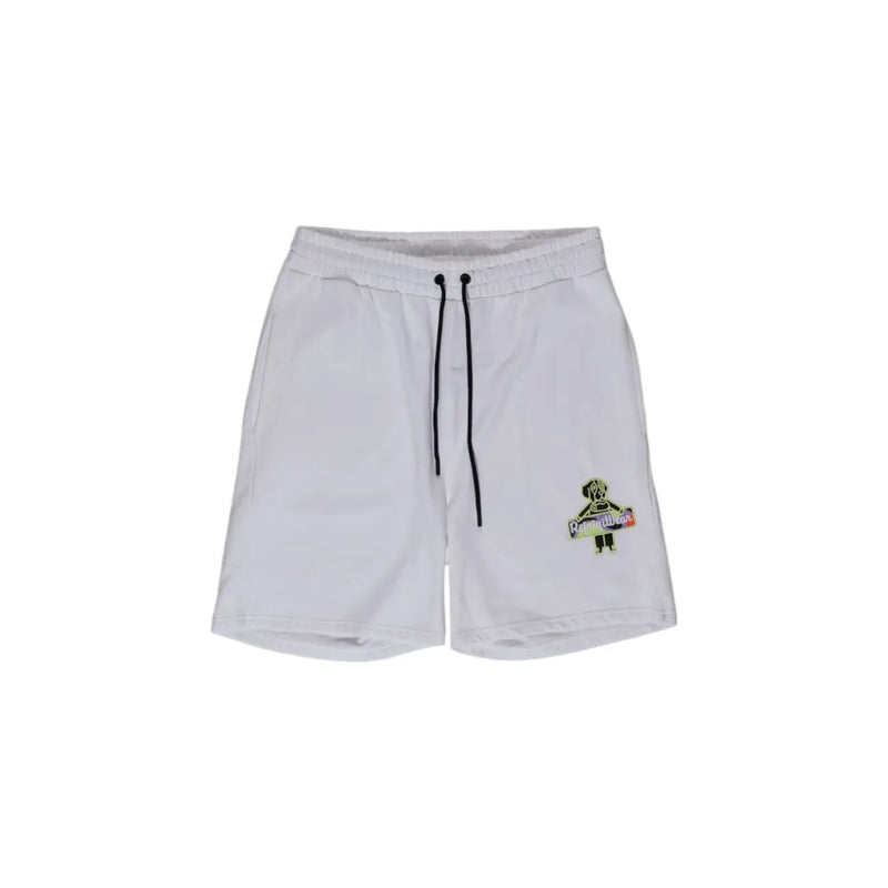 Refrigiwear Shorts für Herren aus weißer Baumwolle mit schwarzen Kordelzügen und farbigem, gesticktem Aufnäher am linken Bein (Vorderansicht)