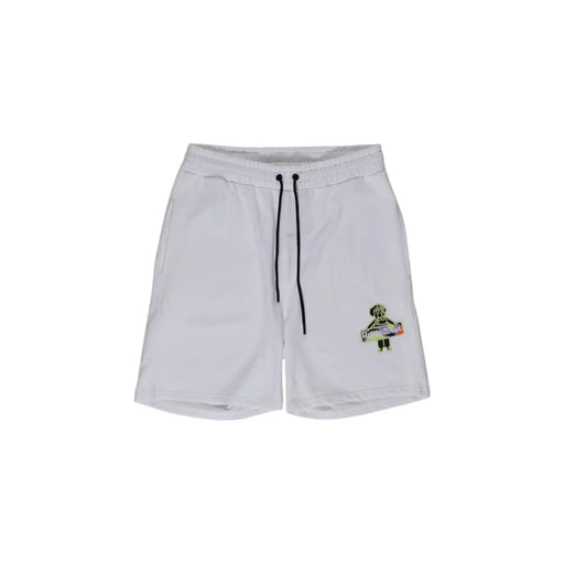 Refrigiwear shorts for men in white cotton with black drawstrings and colorful embroidered patch on left leg front view