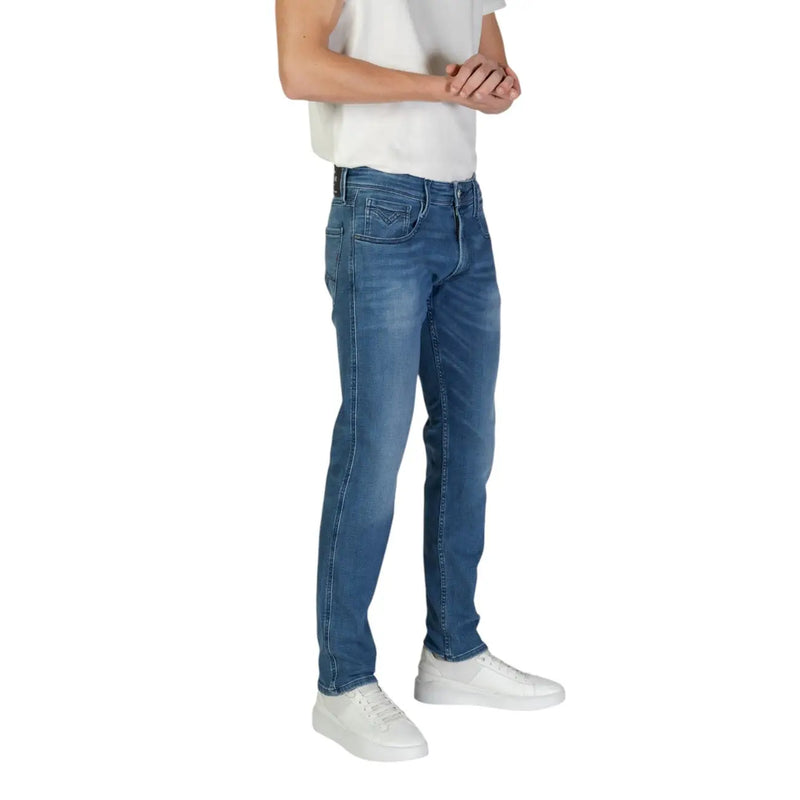 Replay jeans M914 for men in blue denim with slim fit and classic five-pocket design, front view