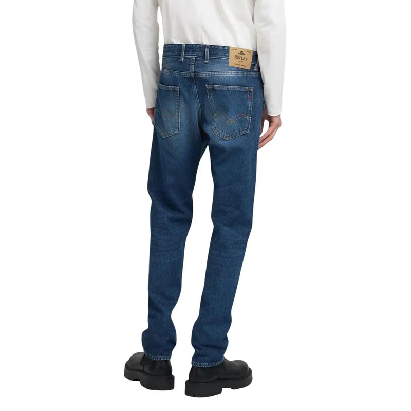 Relic blue denim jeans for men with classic fit and subtle fading, back view