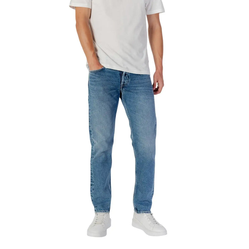 Jean Replay Light pour homme en denim bleu clair délavé avec surpiqûres apparentes, vue de face