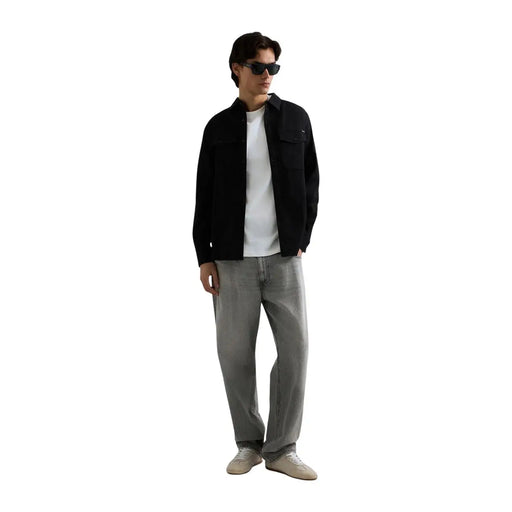 Replay men black cotton denim shirt with classic round neck two chest pockets and subtle brand logo on left chest
