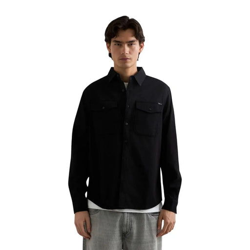 Replay men black cotton denim shirt with long sleeves, two chest pockets, and subtle brand logo on left breast