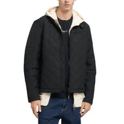 Black quilted jacket with shearling lining and hood, popular brand calvin klein model.