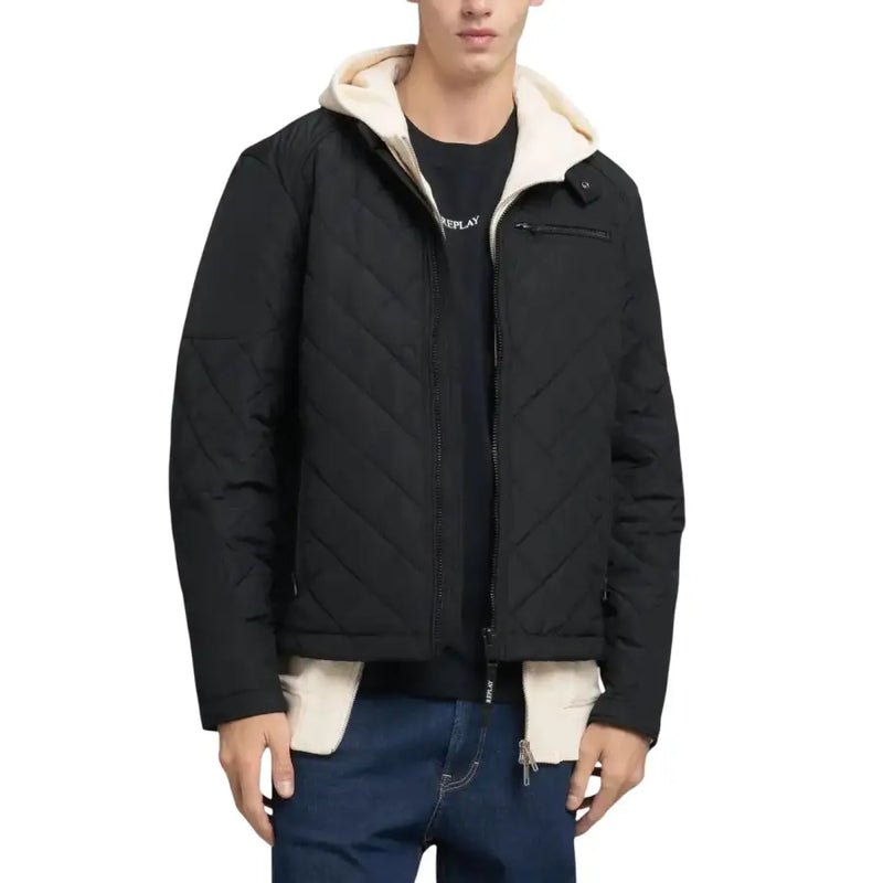 Black quilted jacket with shearling lining and hood, popular brand calvin klein model.