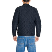 Replay Men Black Long Blazer Zip Front Round Neck paired with a quilted black jacket and blue jeans