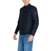 Replay Men black long blazer with quilted navy blue jacket featuring high collar and zipper