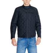 Replay Men black quilted long blazer with zip front and round neck over blue jeans