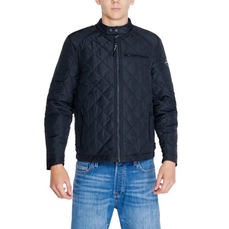 Replay Men black quilted long blazer with zip front and round neck over blue jeans