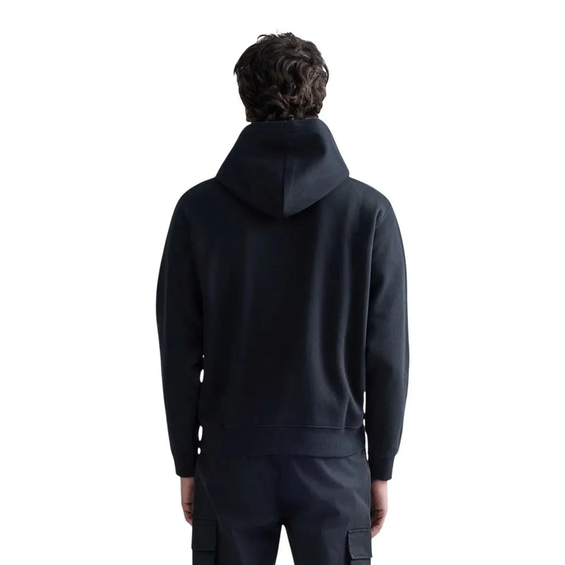 Replay Herren-Sweatshirt aus schwarzem Baumwollfleece mit Kapuze, lockerer Passform und gerippten Bündchen, von der Rückseite gesehen