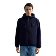 Replay men blazer black hooded polyester jacket in navy blue with white drawstrings and subtle pink logo on the chest