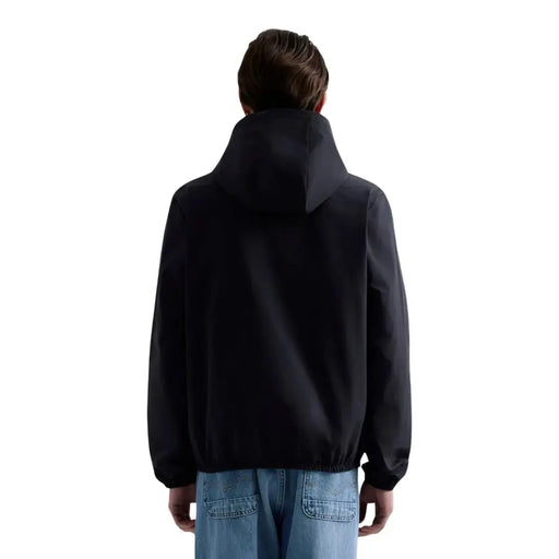 Replay Herrenblazer, schwarze Kapuzenjacke aus Polyester mit elegantem, minimalistischem Design und elastischen Bündchen, von der Rückseite gesehen